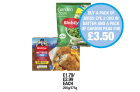 BirdsEye Garden Peas, Battered Cod - Buy A Pack of BirdsEye Cod In Batter And A Pack of Garden Peas for £3.50 at Premier