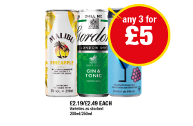 Malibu Pineapple, Gordon's Gin & Tonic, Funkin Blue Raspberry Martini - Any 3 for £5 at Premier