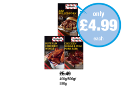 TGI Fridays BBQ Pulled Pork, Buffalo Chicken Wings, Chicken Wings & Mini Pork Ribs - Now Only £4.99 at Premier