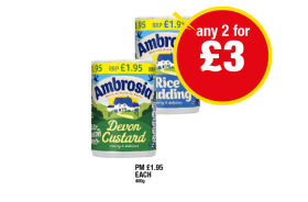 Ambrosia Rice Pudding, Devon Custard - Any 2 for £3 at Premier