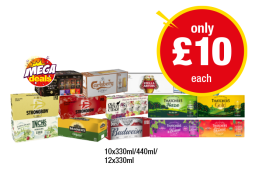 Kopparberg Variety Pack, Carlsberg, Stella Artois, Coors, Strongbow, Strawberry, Old Mout Cider Pack, Thatchers Haze, Gold, Inch's Cider, Magners, Budweiser, Thatchers Apple & Blackcurrant, Blood Orange - Now Only £10 each at Premier