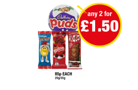 Cadbury Puds, M&M's Bar, Maltesers Reindeer, KitKat Santa - Any 2 for £1.50 at Premier