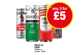 Captain Morgan Spiced Gin & Cola, Gordon's Gin & Tonic, Smirnoff Vodka & Cola, Funkin Irn Bru Vodka Martini - Any 3 for £5 at Premier