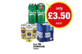 Carlsberg, Fosters Shandy, Bud Light - Now Only £3.50 at Premier