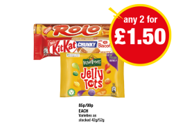 Rolo, KitKat Chunky Biscoff White, Jelly Tots - Any 2 for £1.50 at Premier