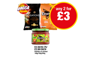 Sensations Chicken, Doritos Cheesy, Mild Salsa Dip - Any 2 for £3 at Premier