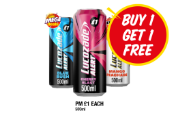 Lucozade Alert Blue Rush, Cherry Blast, Mango Peachade - Buy 1 Get 1 FREE at Premier