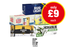Bud Light, Brewdog Cold Beer, Fosters Shandy, Stowford Press, Hobgoblin - Now Only £9 each at Premier