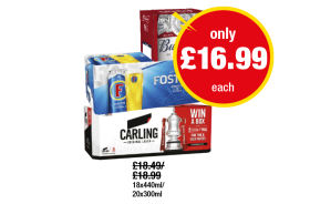Budweiser, Foster's, Carling - Now Only £16.99 each at Premier
