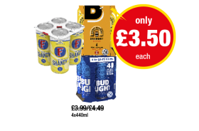 Fosters Shandy, Bodingtons, Bud Light - Now Only £3.50 each at Premier