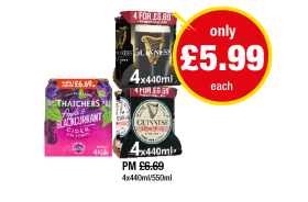 Guinness, Extra Stout, Thatchers Apple & Blackcurrant - Now Only £5.99 each at Premier