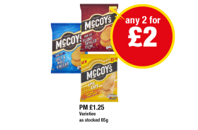 McCoy's Flame Grilled Steak, Salt & Malt Vinegar, Chip Shop Curry Sauce - Any 2 for £2 at Premier