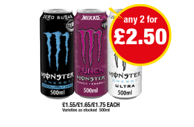 Monster Energy Absolutely Zero, Ultra, Punch - Any 2 for £2.50 at Premier