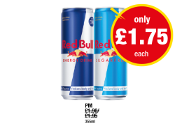 Red Bull Energy, Sugarfree - Now Only £1.75 each at Premier
