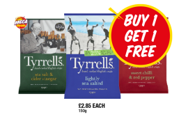 Tyrrell's Sea Salt & Vinegar, Lightly Sea Salted, Sweet Chilli & Red Pepper - Buy 1 Get 1 FREE at Premier