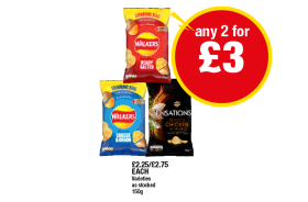 Walkers Ready Salted, Cheese & Onion, Sensations Roasted Chicken & Thyme - Any 2 for £3 at Premier
