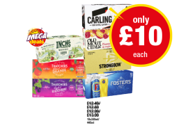 Carling, Inch's Cider, Old Mout Cider, Thatchers Blood Orange, Apple & Blackcurrant, Strongbow, Fosters - Now Only £10 each at Premier