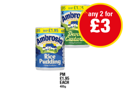 Ambrosia Rice Pudding, Devon Custard - Any 2 for £3 at Premier