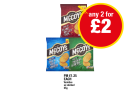 McCoy's Flame Grilled Steak, Salt & Vinegar, Cheddar & Onion - Any 2 for £2 at Premier